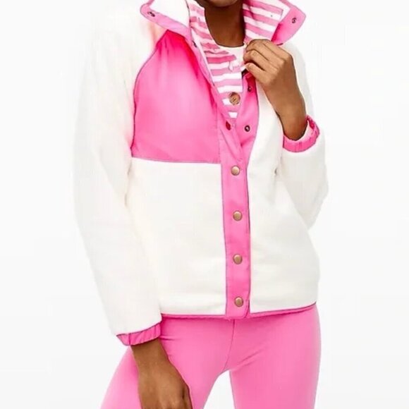 J Crew Sherpa Jacket, Ivory White & Neon Pink M - Fleece, Snap Button Up, Winter - Picture 2 of 11